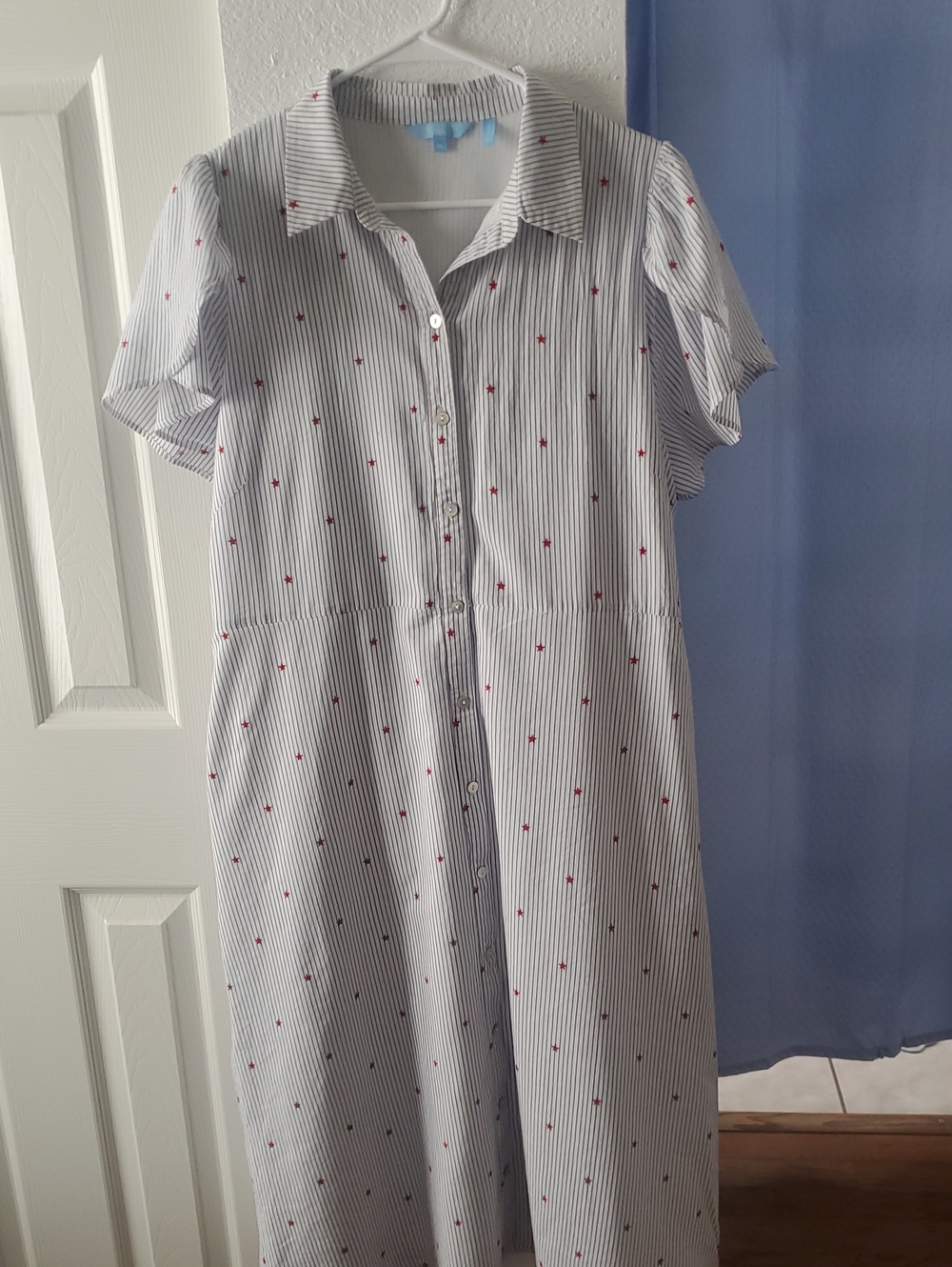 Draper James Blue-Trim White Top with Navy Pinstripes